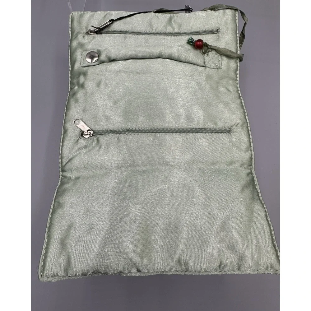 NWT Pier 1 Embroidered Rolled Gray/Green With Satin Lining Jewelry Travel Bag